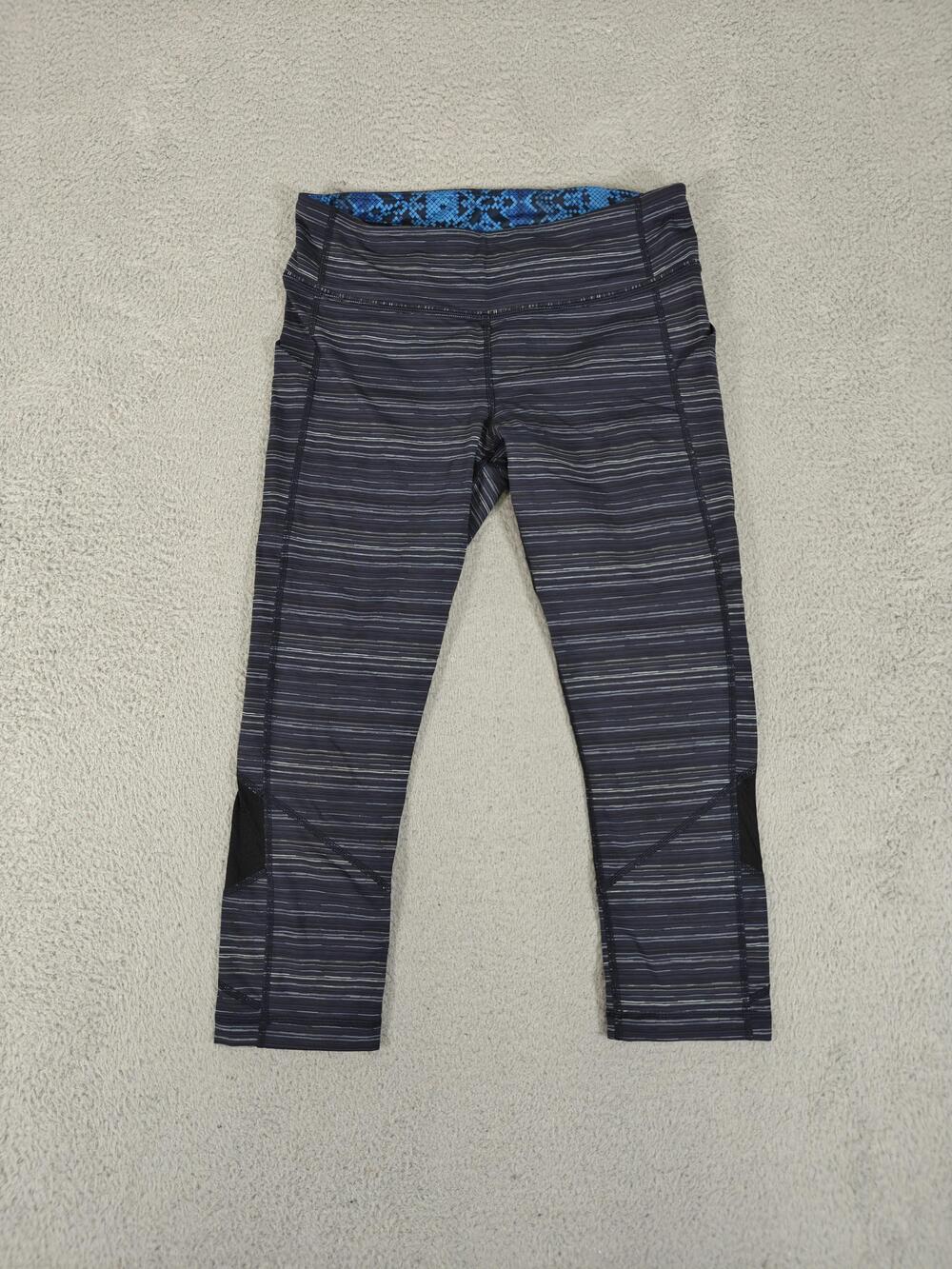 Lululemon Pants Womens 10 Black Gray Stripe Crop Capri Mesh Pockets Running Yoga
